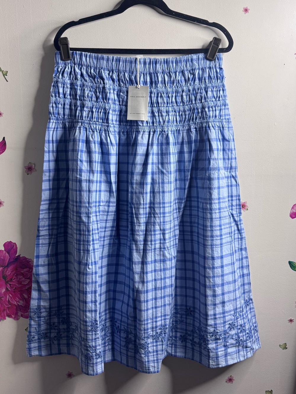 Blue Plaid Smocked Waist Midi Skirt